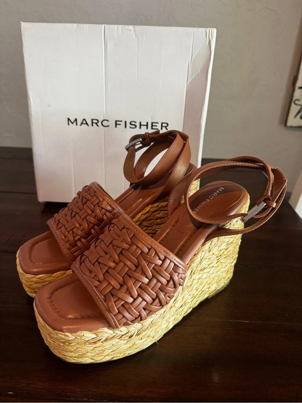 Marc Fisher Brown Woven Platform Espadrille Wedges